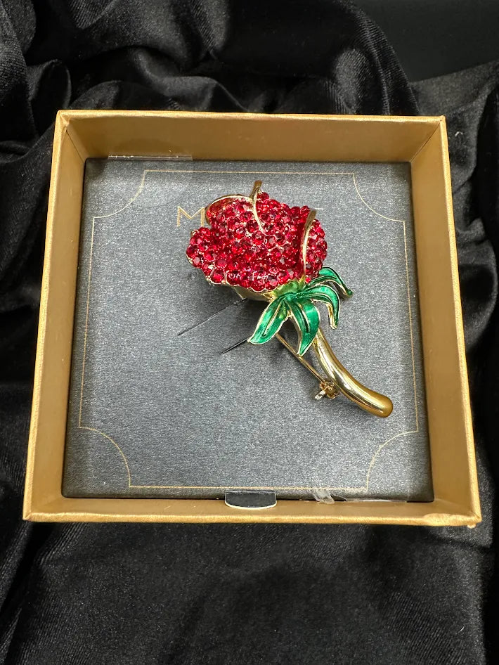 Monet Red Crystal Rose Brooch Gold Tone Flower Pin Enamel Leaves With Original Box