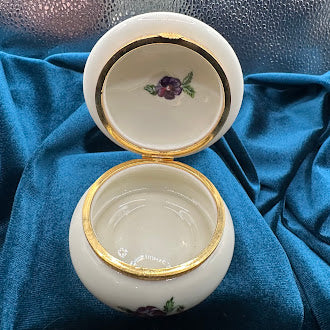 Porcelain Floral Trinket Box Pansy Bouquet Lid Gold Rim Detail