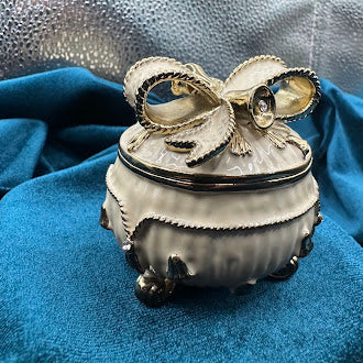 Enamel Gift Box Magnetic Trinket Box Ivory Finish Bow Lid Crystal Accent
