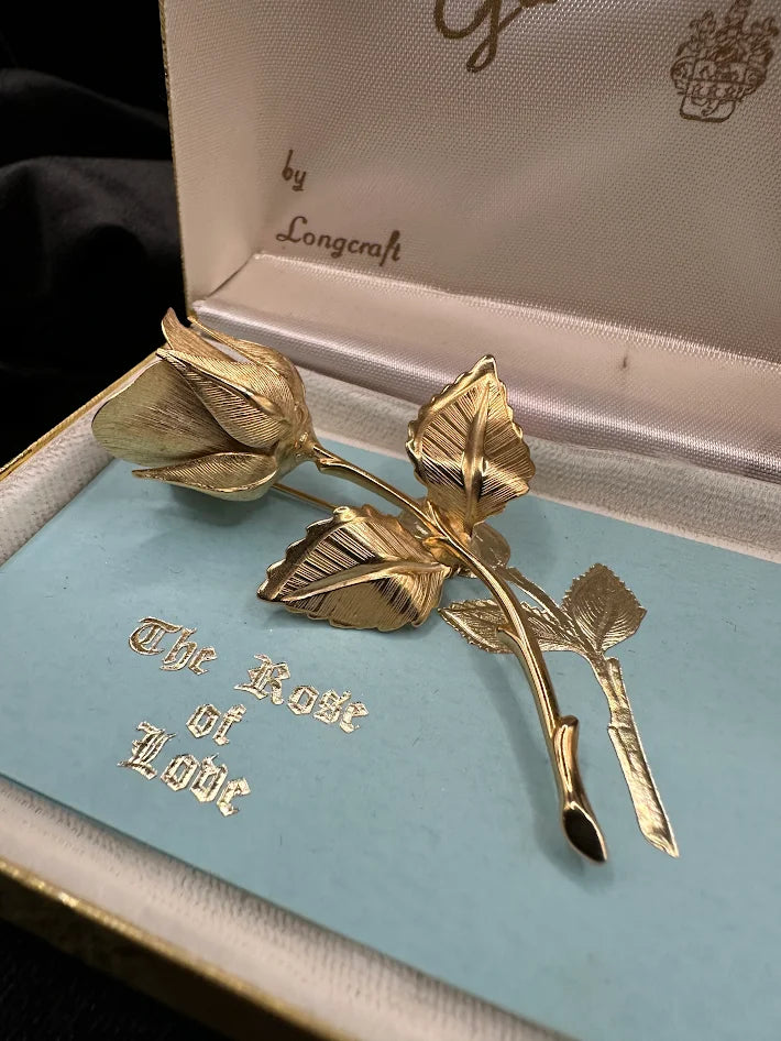 Giovanni Gold Tone Rose Brooch Longcraft Vintage Floral Pin With Original Box