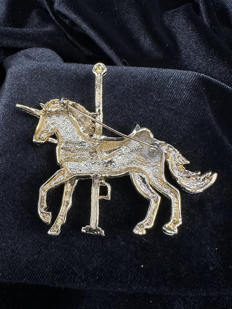 Vintage Enamel Carousel Horse Brooch Black Gold Tone Rhinestone Saddle Equestrian Pin