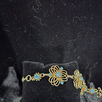 Vintage BSK Gold Tone Blue Rhinestone Bracelet and Clip Earrings Set | Floral Filigree Jewelry