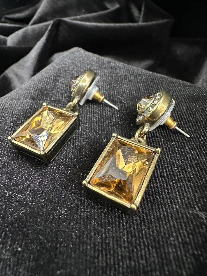 Heidi Daus Crystal Drop Earrings Gold Tone Rectangular Dangle Statement Designer Rhinestone