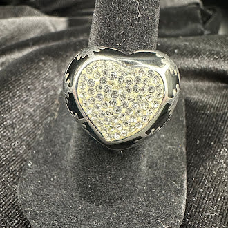 Edforce Black Enamel & White Rhinestone Heart Signet Ring Stainless Steel Size 5.75