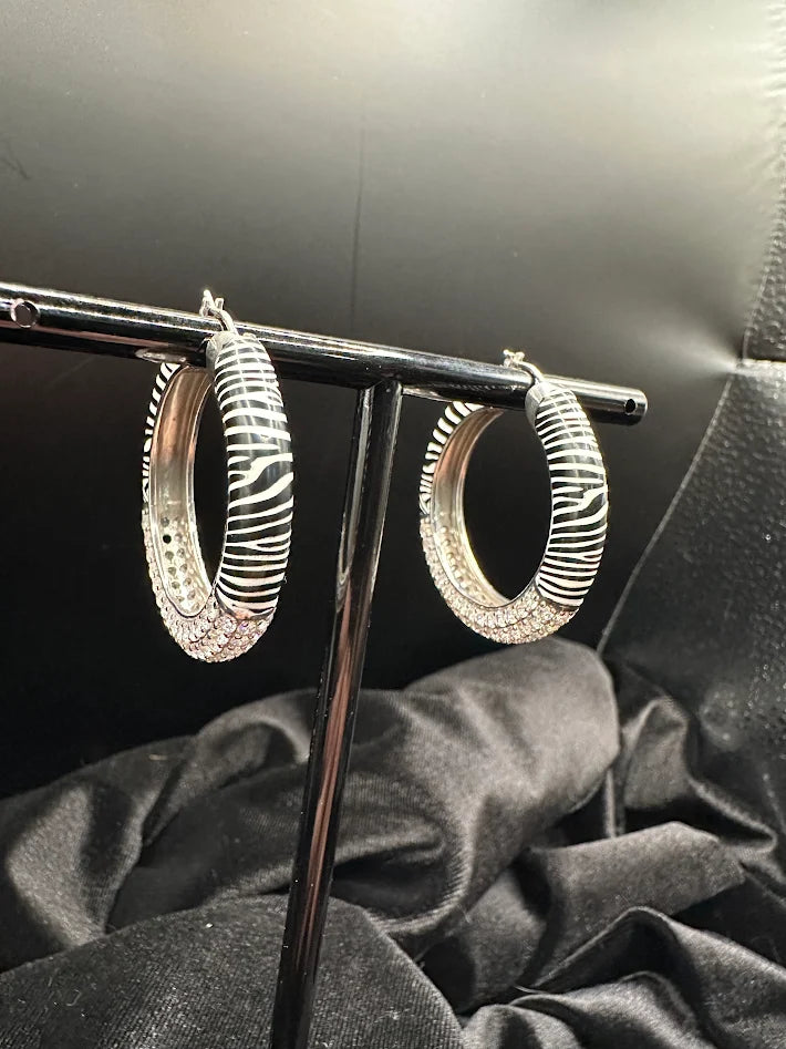 925 Sterling Silver Moissanite Pave Hoop Earrings Zebra Pattern Large Statement Hoops 1.5in 18.2g