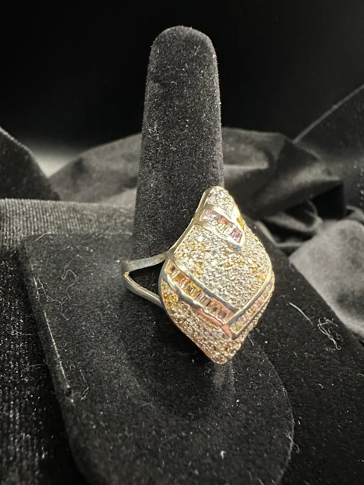 925 Sterling Silver Baguette & Pavé Crystal Ring Geometric Statement Ring Size 6 Cocktail Style