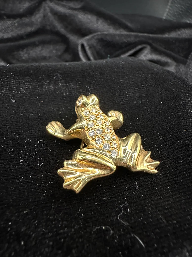 Swarovski Gold Tone Crystal Frog Brooch Vintage Designer Rhinestone Animal Pin