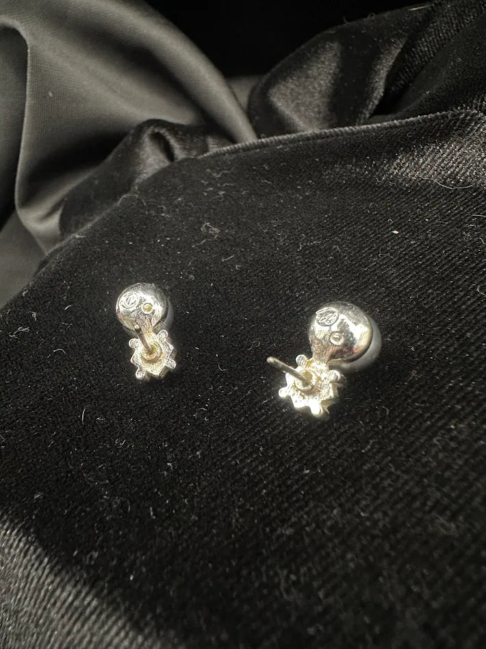 Silver Tone Faux Pearl Stud Earrings Geometric Accent Design Classic Minimalist Vintage Style Elegant Everyday Jewelry