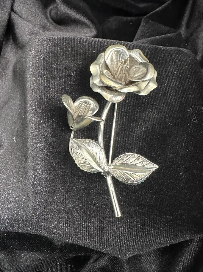 Silver Tone Rose Brooch | Vintage Dimensional Floral Stem Pin