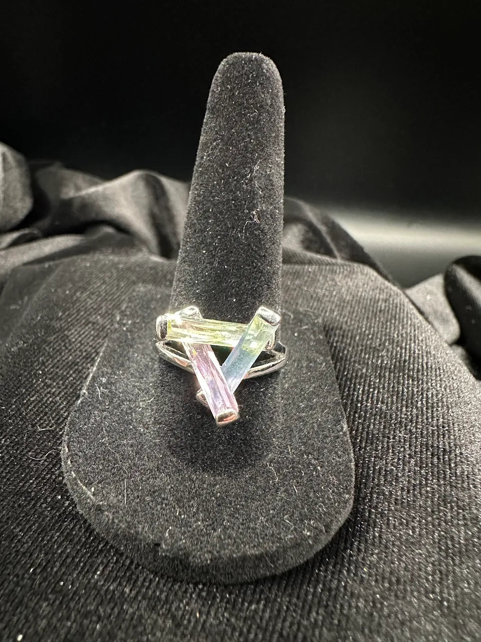 Silver Tone Pastel Baguette Crystal Ring
