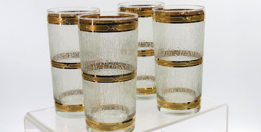 Vintage Culver 22K Gold Cocktail Service Set – 4 Highball Glasses & Ice Bucket – Mid Century Barware Entertaining Set