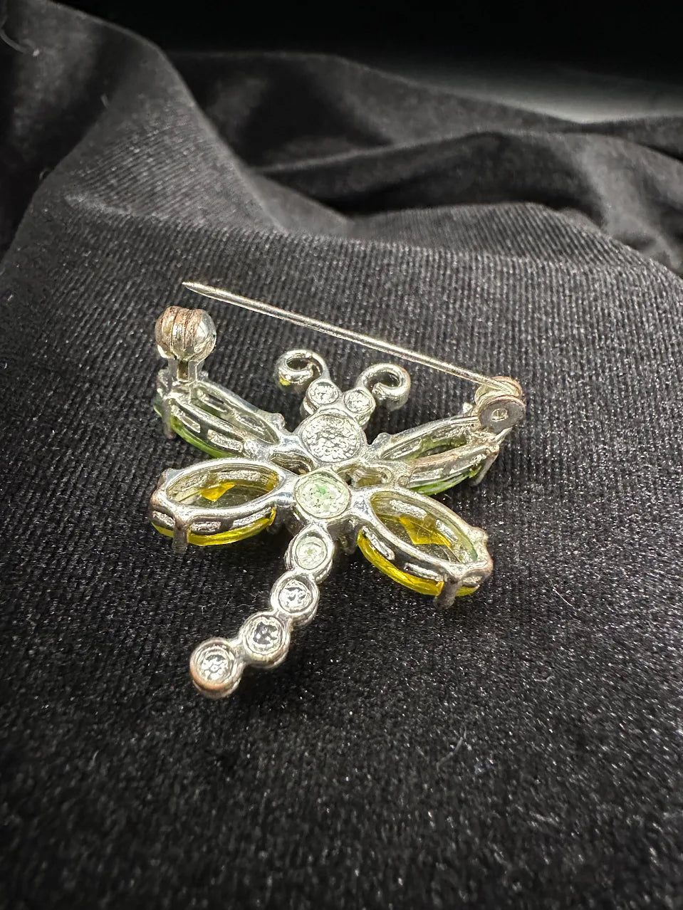Silver Tone Blue and Green Crystal Dragonfly Brooch