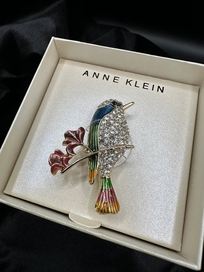 Anne Klein Crystal Bird Brooch Gold Tone Multicolor Enamel Pin With Original Box