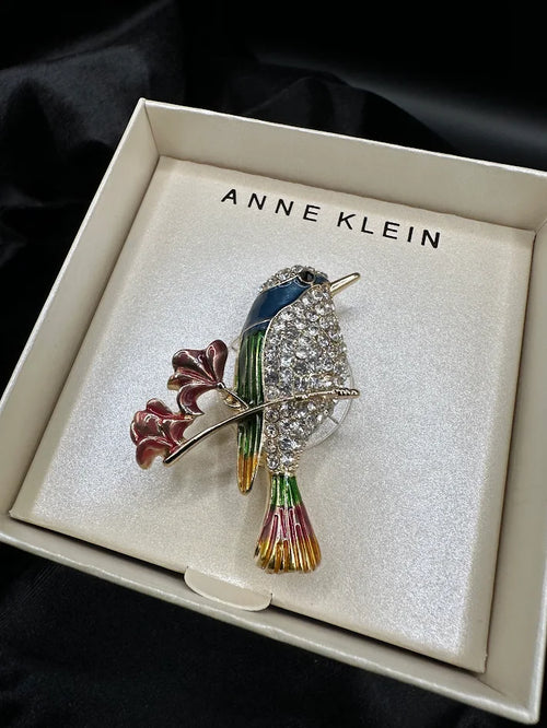 Anne Klein Crystal Bird Brooch Gold Tone Multicolor Enamel Pin With Original Box