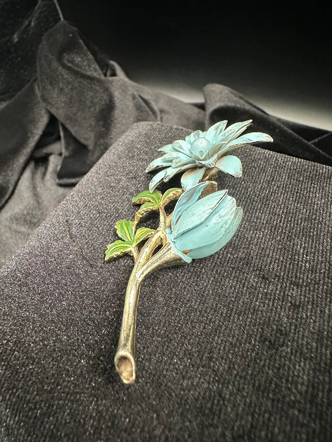 Gold Tone Blue Enamel Flower Brooch | Dimensional Floral Statement Pin