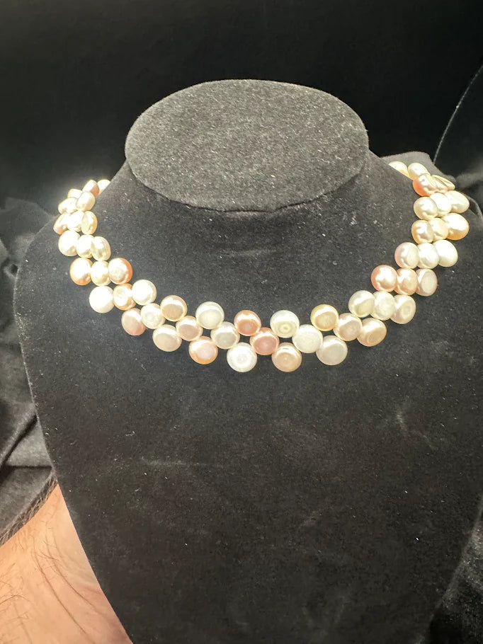 Ivory Blush Coin Pearl Style Multi Strand Collar Necklace