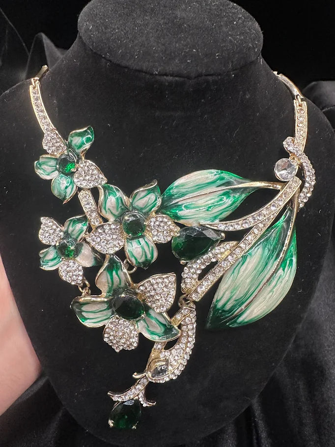 Green Enamel Floral Crystal Statement Necklace