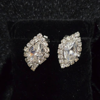 Signed Weiss White Rhinestone Marquise Clip-On Earrings | Vintage Halo Statement Designer Jewelry