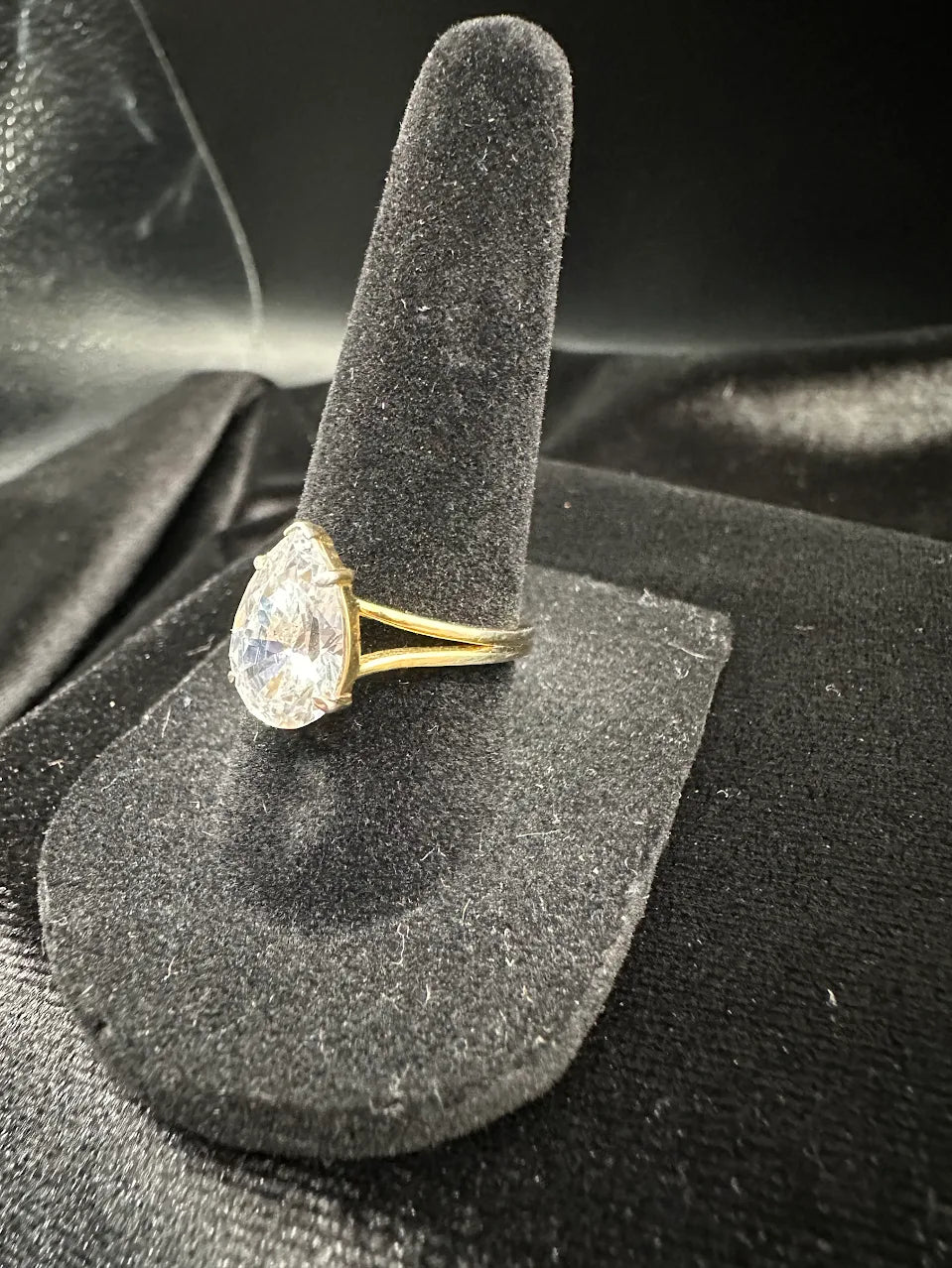 Gold Tone Clear Crystal Pear Solitaire Ring Bridal Inspired Statement Design