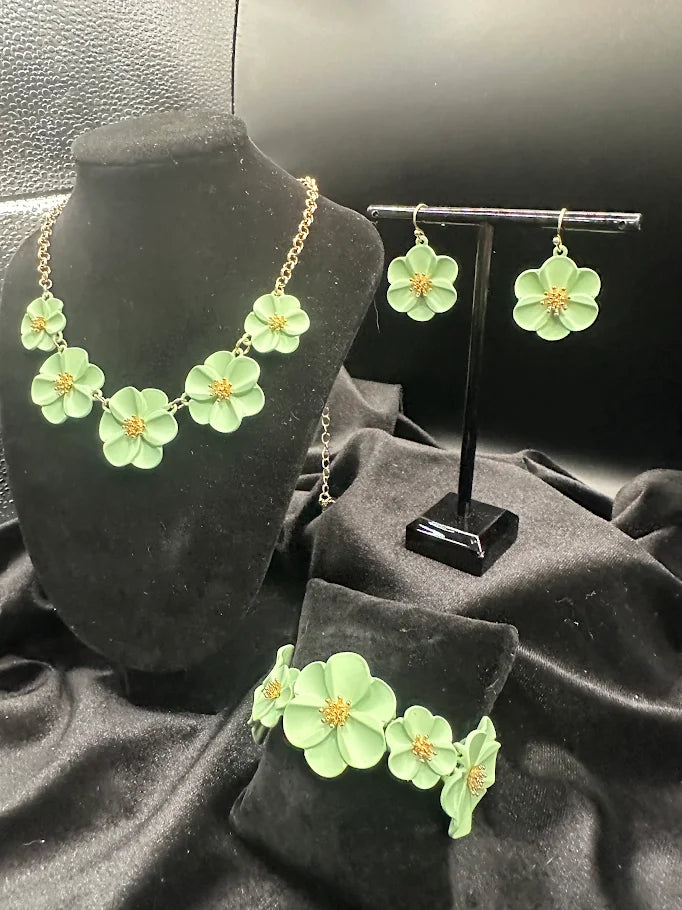 Mint Green Flower Necklace Earrings and Bracelet Set