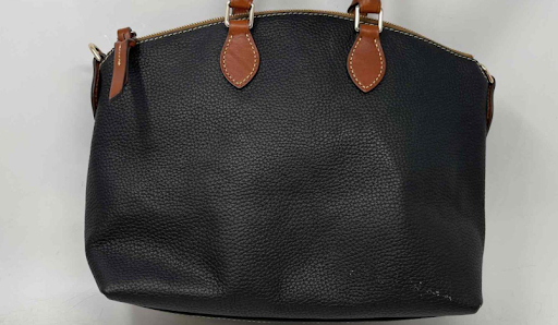 Dooney & Bourke Pebbled Leather Satchel Black Brown Trim Designer Shoulder Handbag