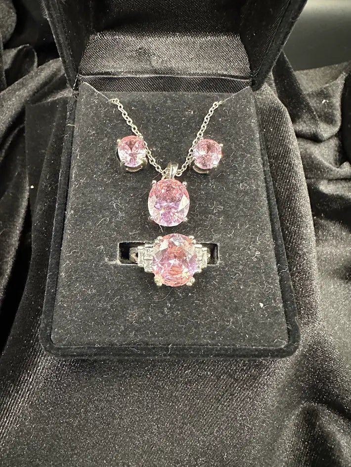 Silver Tone Pink Crystal Necklace and Ring Set With Original Box
