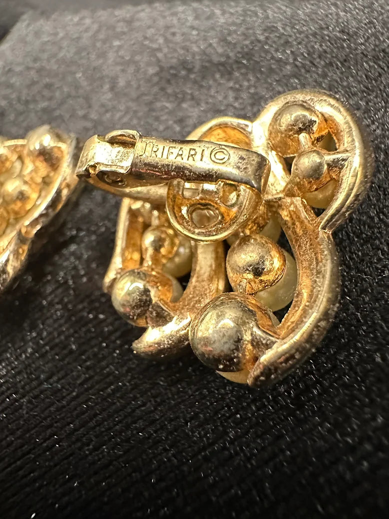 Vintage Trifari Gold Tone Faux Pearl Swirl Clip Earrings Elegant Designer Statement Jewelry