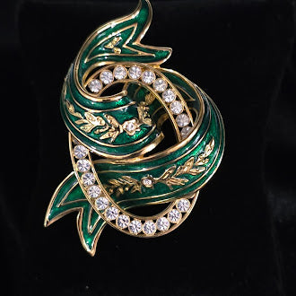Signed Joan Rivers Green Enamel Ribbon Brooch Austrian Crystal Swirl Design