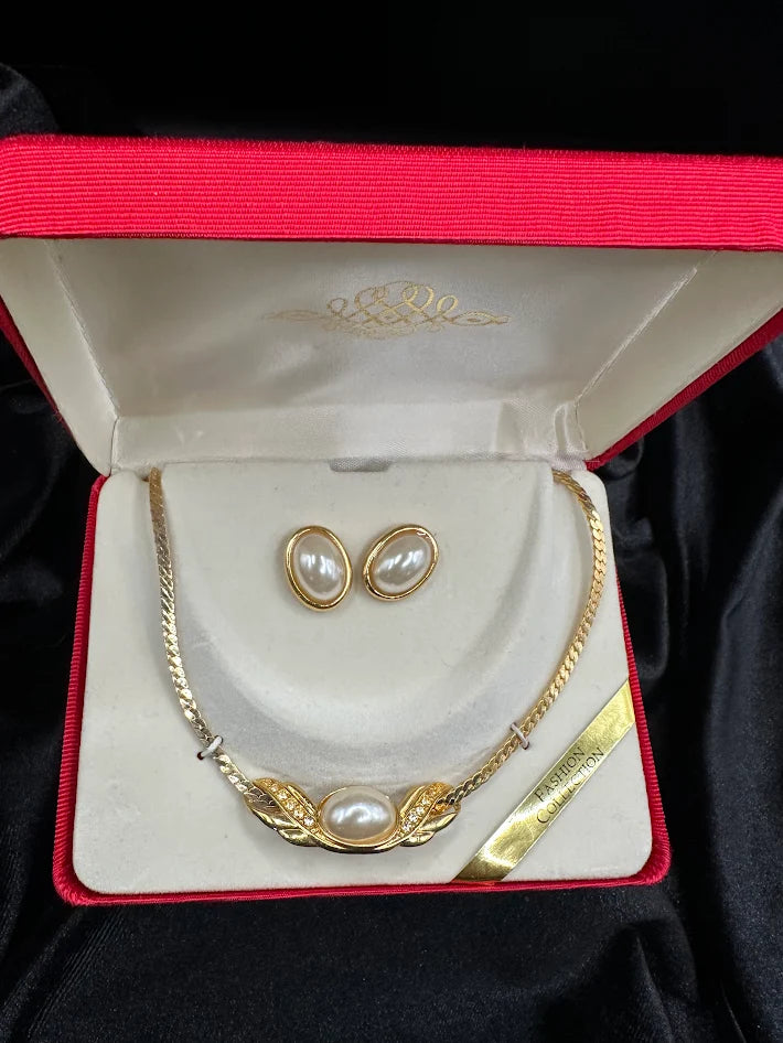 Gold Tone Faux Pearl Necklace and Earring Set With Original Box