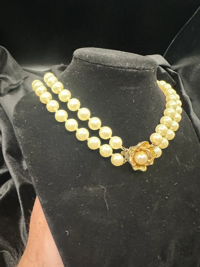 Vintage Triple Strand Pearl Style Necklace with Gold Floral Centerpiece