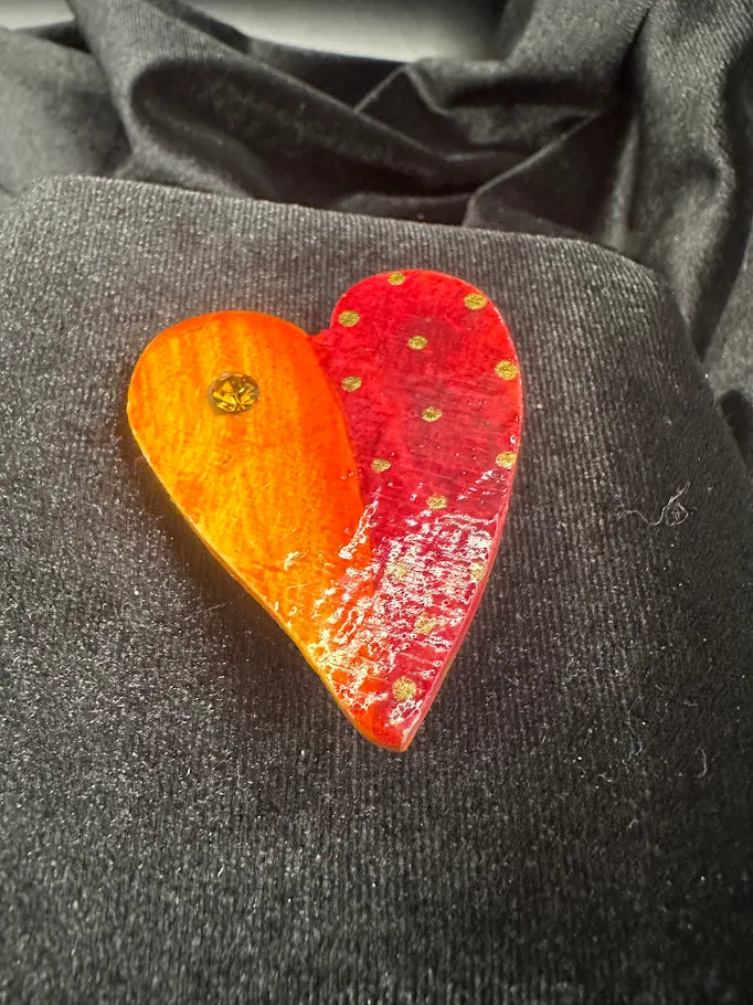 ELF Hand-Painted Wooden Red and Orange Heart Brooch | Artisan Whimsical Statement Pin