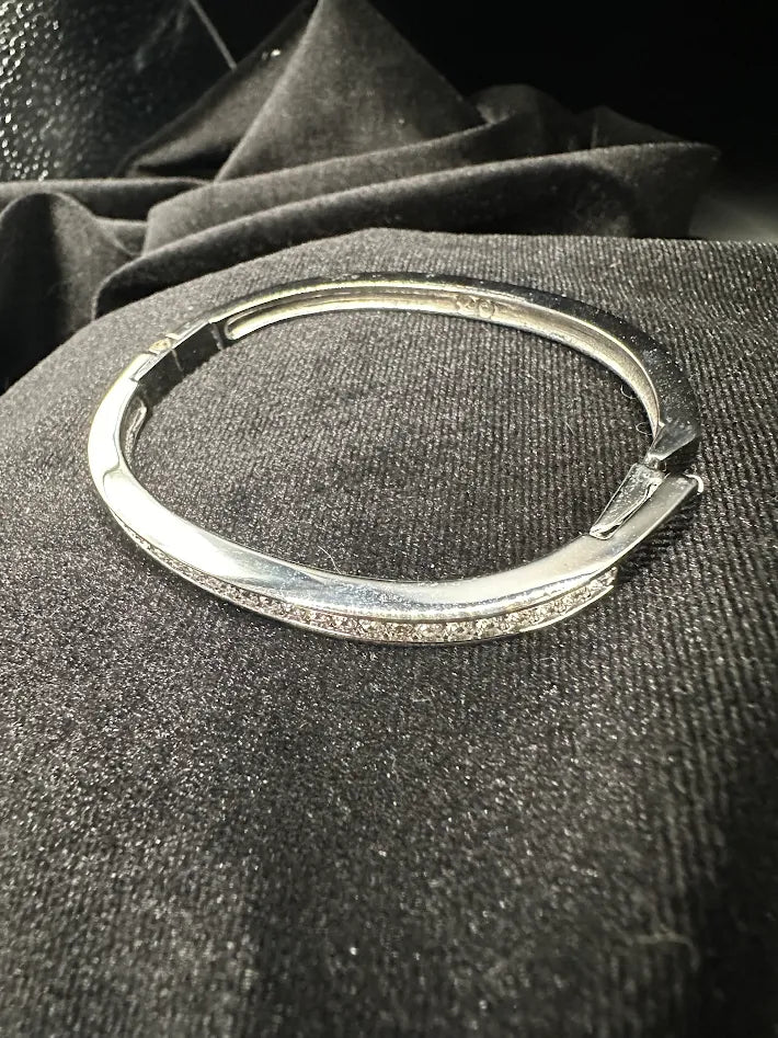 Swarovski Crystal Hinged Bangle Bracelet Silver Tone Pavé Rhinestone Slim Stackable Elegant Minimalist Jewelry