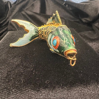 Green Enamel Cloisonne Articulated Fish Pendant Gold Tone Wirework Detail