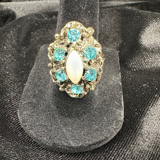 Vintage Style Turquoise Blue Crystal Cluster Ring Adjustable Cocktail Statement Ring with Oval White Center Stone Silver Tone Filigree