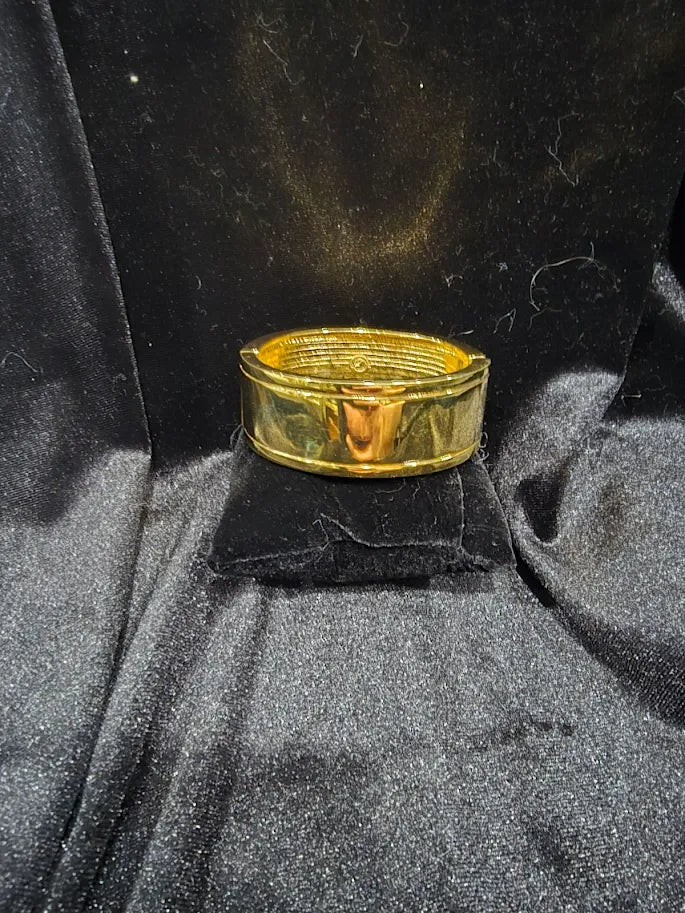 Vintage St. John Gold Tone Wide Rhinestone Hinged Bangle Bracelet | Heavy Designer Statement Cuff 97g