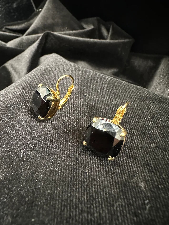 Black Faceted Cushion Cut Drop Earrings Gold Tone Obsidian Style Crystal Dangle Statement