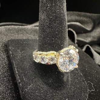 Gold Tone Crystal Statement Ring Large Round Center Multi Stone Band Silver Tone Setting Bold Cocktail Ring