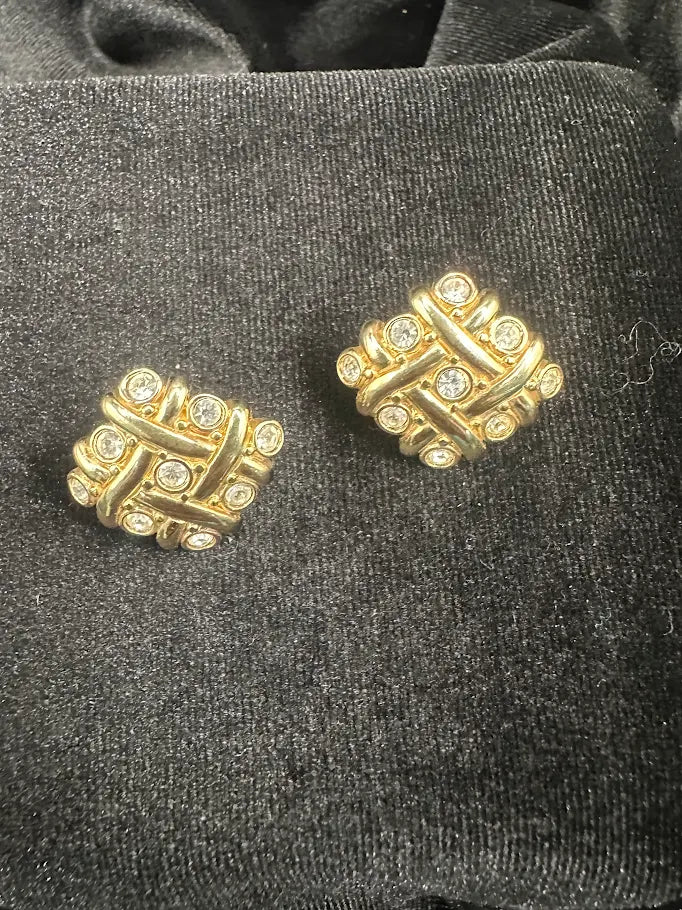 Swarovski Gold Tone Crystal Basketweave Clip Earrings | Signed Designer Statement Earrings