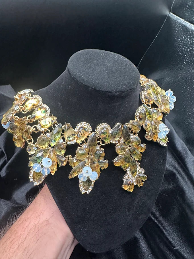 Gold Tone Floral Crystal Statement Collar Necklace