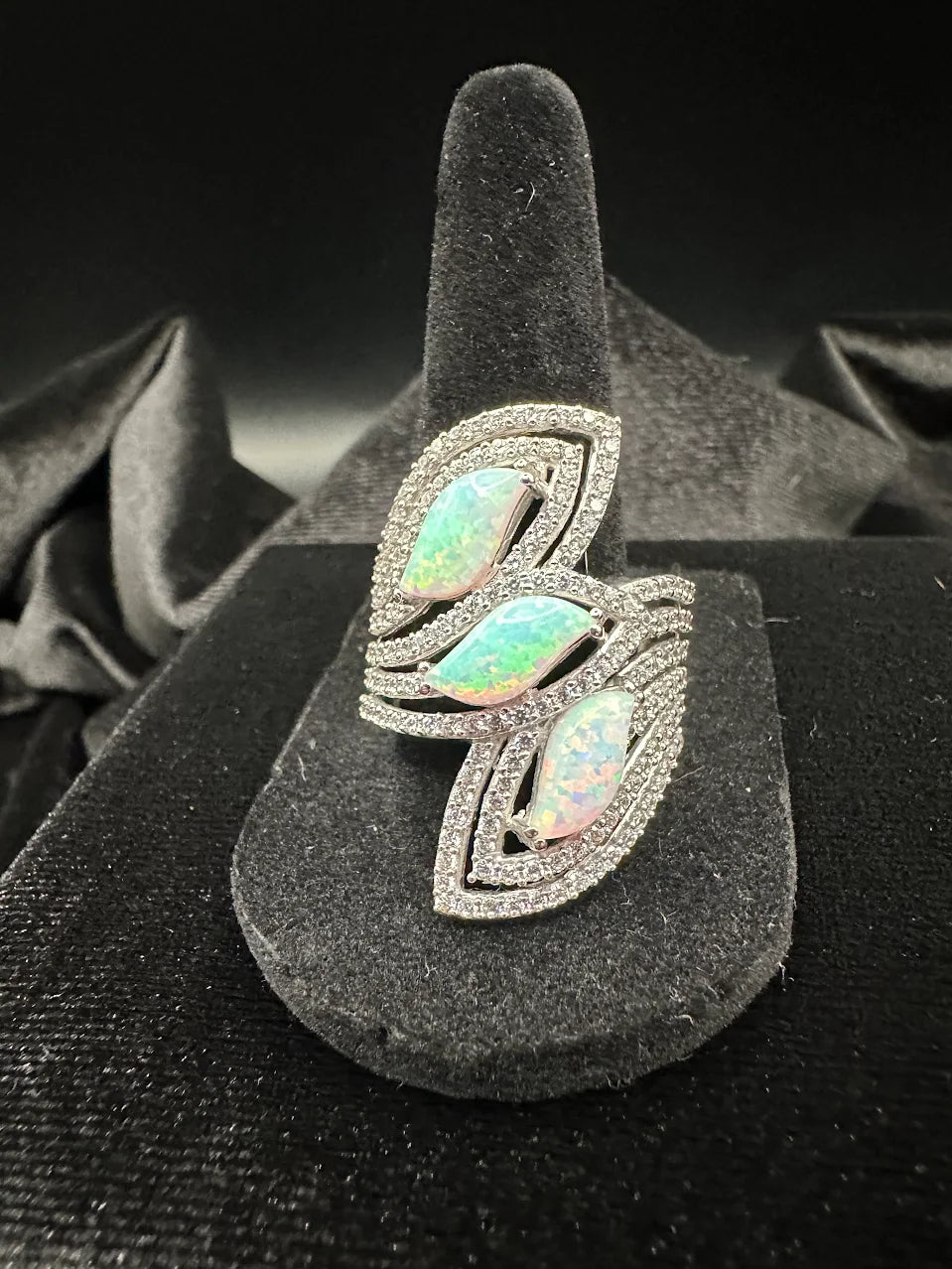 Silver Tone Opal Marquise Wrap Ring Statement Cocktail Design