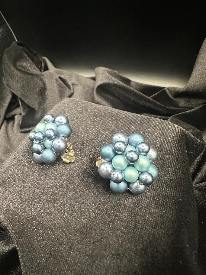 Vintage Blue Faux Pearl Beaded Cluster Clip Earrings | Dimensional Button Earrings
