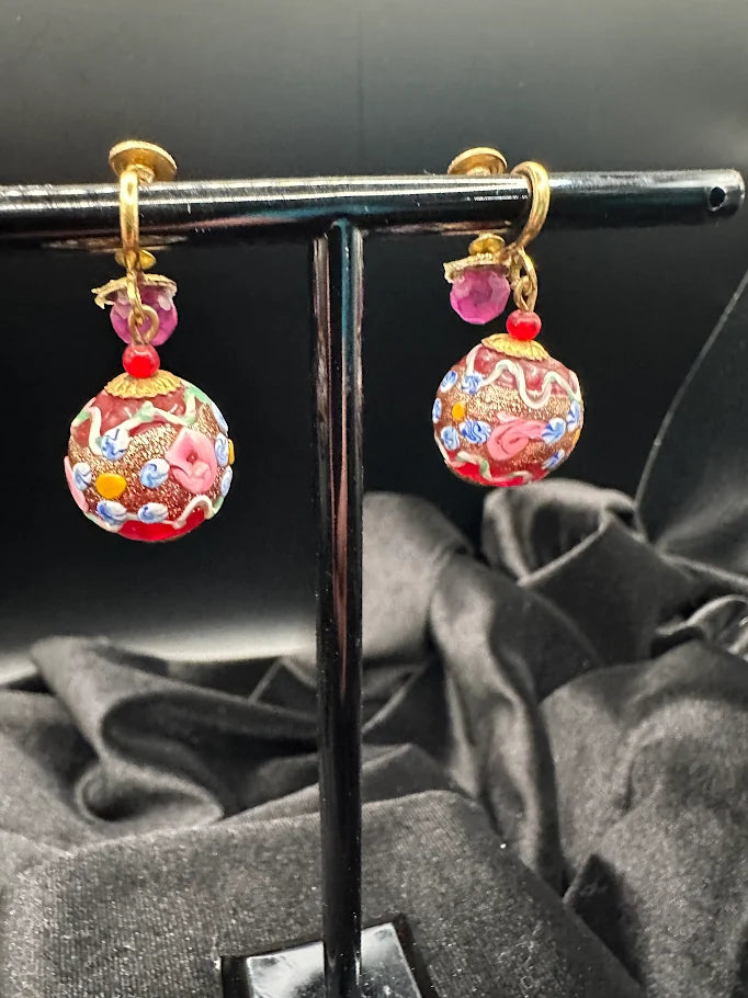 Vintage Venetian Style Painted Bead Dangle Earrings with Pink Crystal Accents and Gold Tone Hooks
