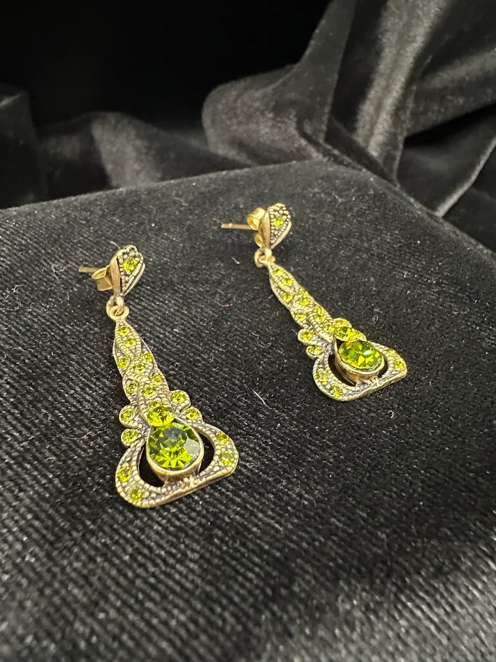 Gold Tone Green Crystal Drop Earrings Art Deco Style Peridot Rhinestone Dangle Vintage Statement Jewelry