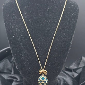 Vintage Avon Gold Tone Bow Necklace with Blue Enamel Egg Pendant, Easter Egg Charm Necklace, Signed Avon Jewelry