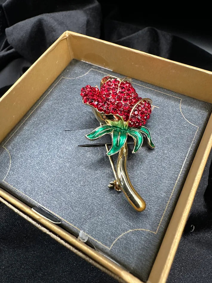 Monet Red Crystal Rose Brooch Gold Tone Flower Pin Enamel Leaves With Original Box