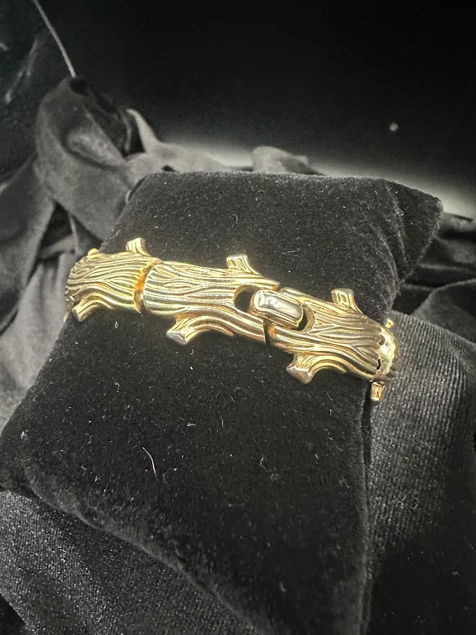 (SOLD) Trifari Gold Tone Log Link Bracelet | Vintage Textured Woodgrain Statement Bracelet