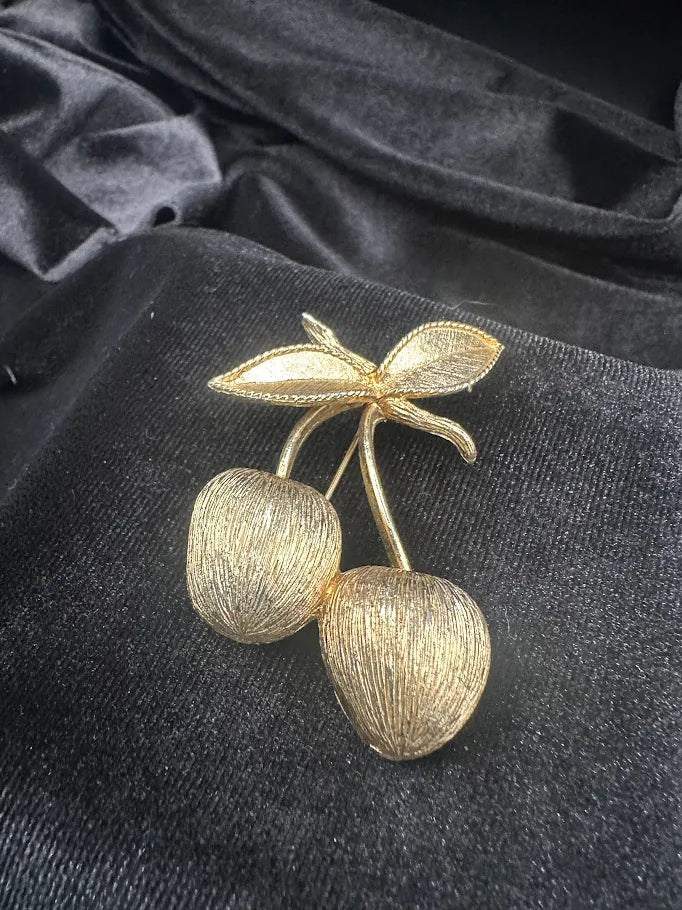SARAH COVENTRY Gold Tone Cherry Brooch with Textured Fruit and Leaf Detail
