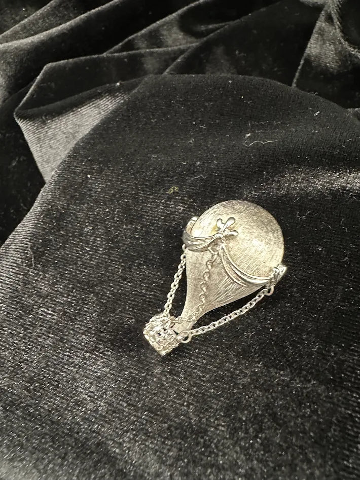 Vintage Silver Tone Hot Air Balloon Brooch Draped Chain Basket Pin Detailed Textured Statement