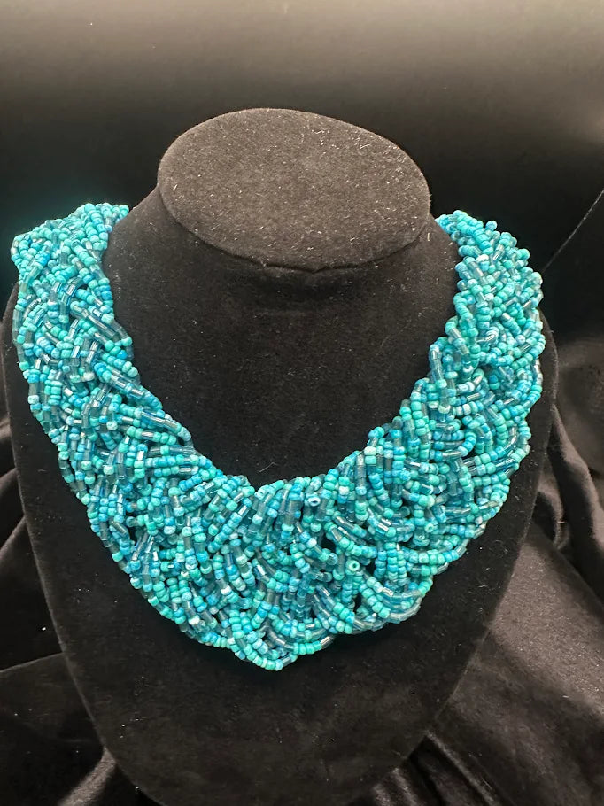 Turquoise Blue Beaded Bib Collar Necklace with Woven Design