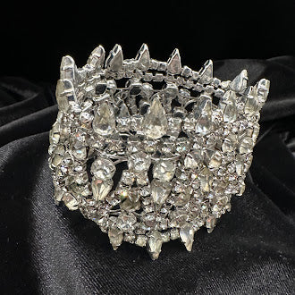 Large Crystal Statement Cuff Bracelet Silver Tone Multi Rhinestone Wide Bracelet Heavy Couture Style Glam Jewelry